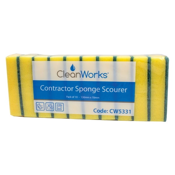 CleanWorks Contractor Sponge Scourers Yellow 13x7CM (Pack 10)600Wx600H-109120 CleanWorks Contractor Sponge Scourers Yellow 13x7CM (Pack 10) - Image 1