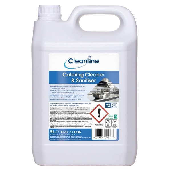 Cleanline Catering Cleaner & Sanitiser 5 Litre-product-031410 Cleanline Catering Cleaner & Sanitiser 5 Litre - Image 1