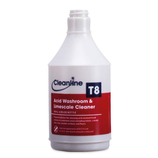 Cleanline T8 Washroom Cleaner & Limescale Remover Trigger Bottle (Empty) 750ML-product-019180 Cleanline T8 Washroom Cleaner & Limescale Remover Trigger Bottle (Empty) 750ML - Image 1