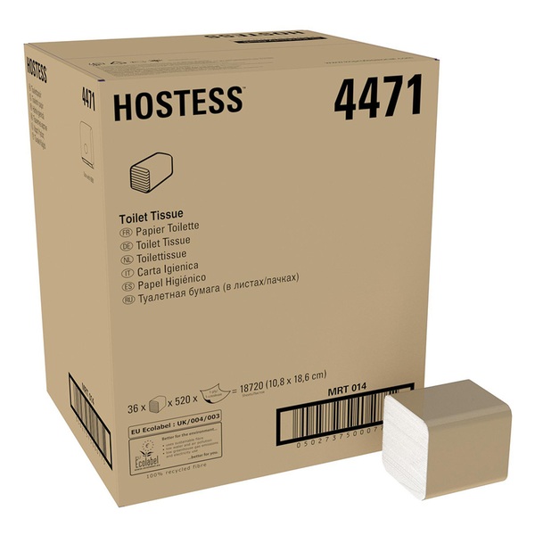 Hostess Folded Toilet Tissue 1Ply White 520 Sheet (Case 36) 600Wx600H-065021 Hostess Folded Toilet Tissue 1Ply White 520 Sheet (Case 36) - Image 1