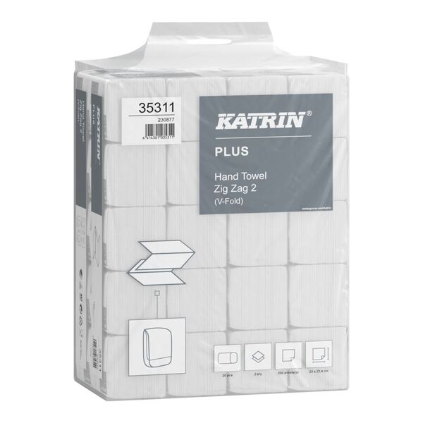 Katrin Plus V-fold Paper Towels Zig Zag 2Ply White 200 Sheet (Case 4000) 600Wx600H-066940 Katrin Plus V-fold Paper Towels Zig Zag 2Ply White 200 Sheet (Case 4000) - Image 1